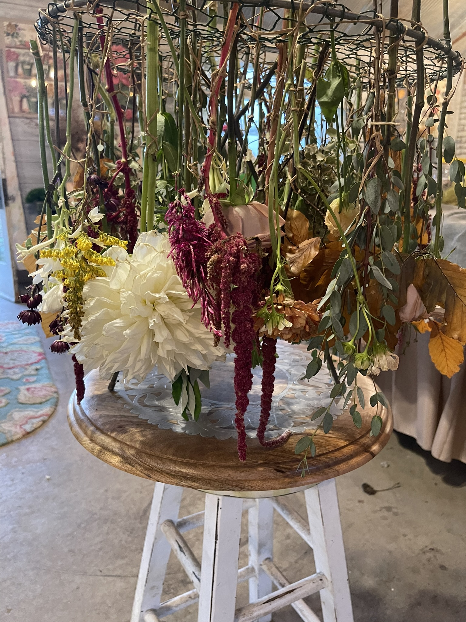 A wire rack loaded with drying dahlias and hanging amaranth on a studio stool, mid-process