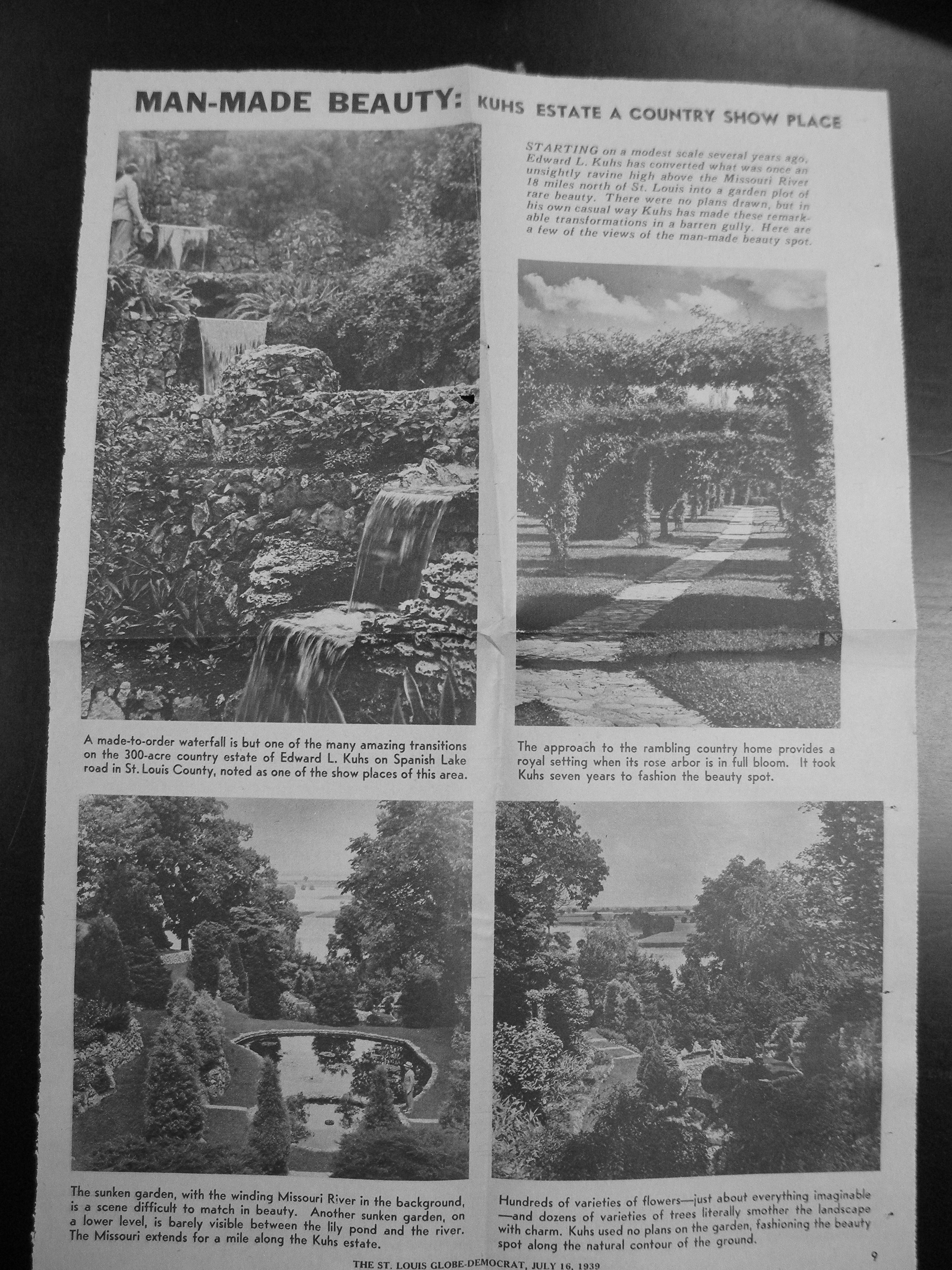 The St. Louis Globe-Democrat, 1939 — 'Man-Made Beauty: Kuhs Estate a Country Show Place,' with photos of the waterfall, the sunken garden, the rose arbor