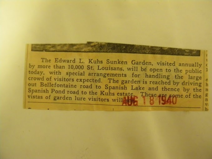 Newspaper clipping, August 1940 — 'The Sunken Garden, visited annually by more than 10,000 St. Louisans, will be open to the public today'