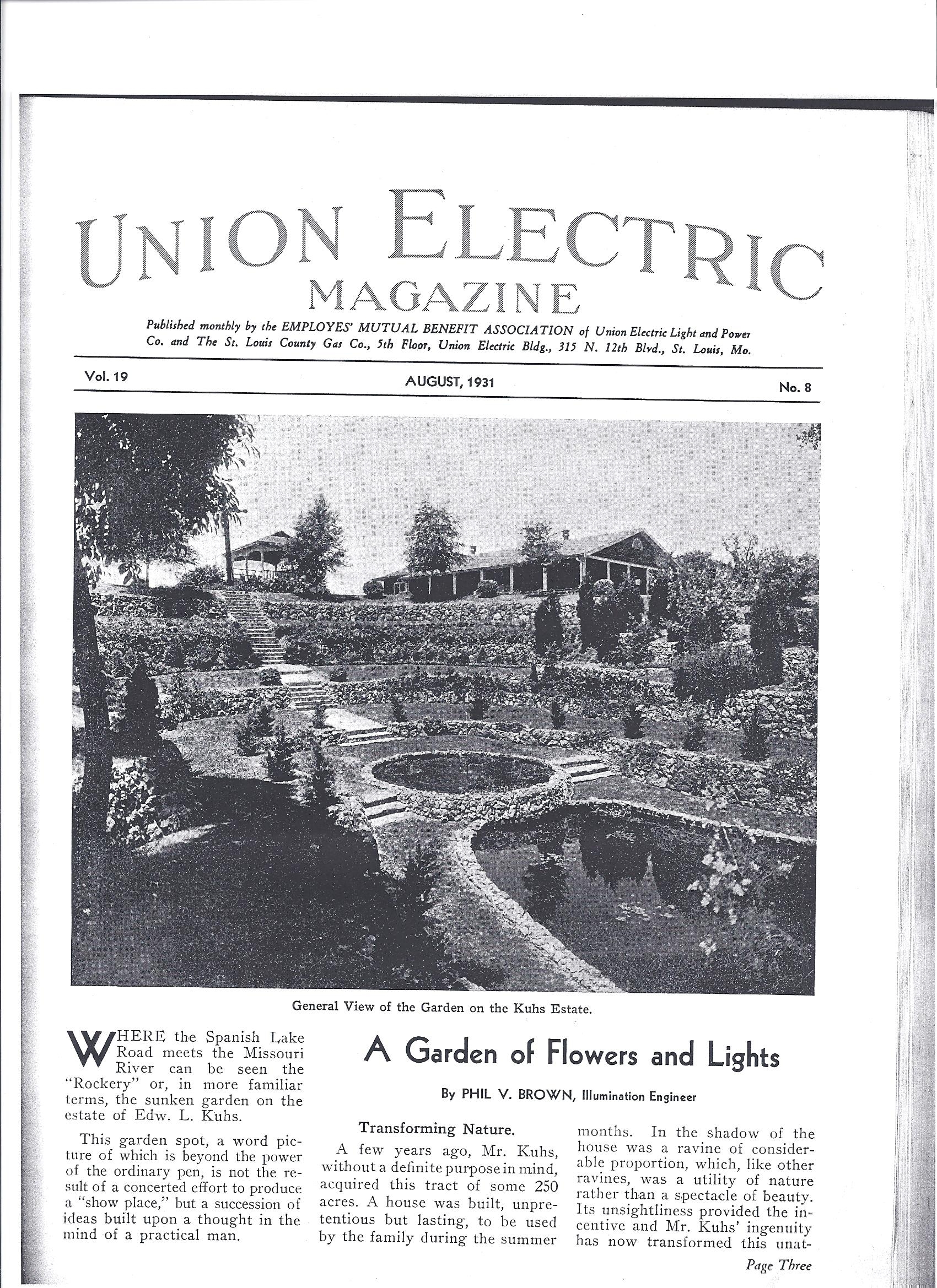 Union Electric Magazine, August 1931 — the Sunken Garden on the cover, with the headline 'A Garden of Flowers and Lights'