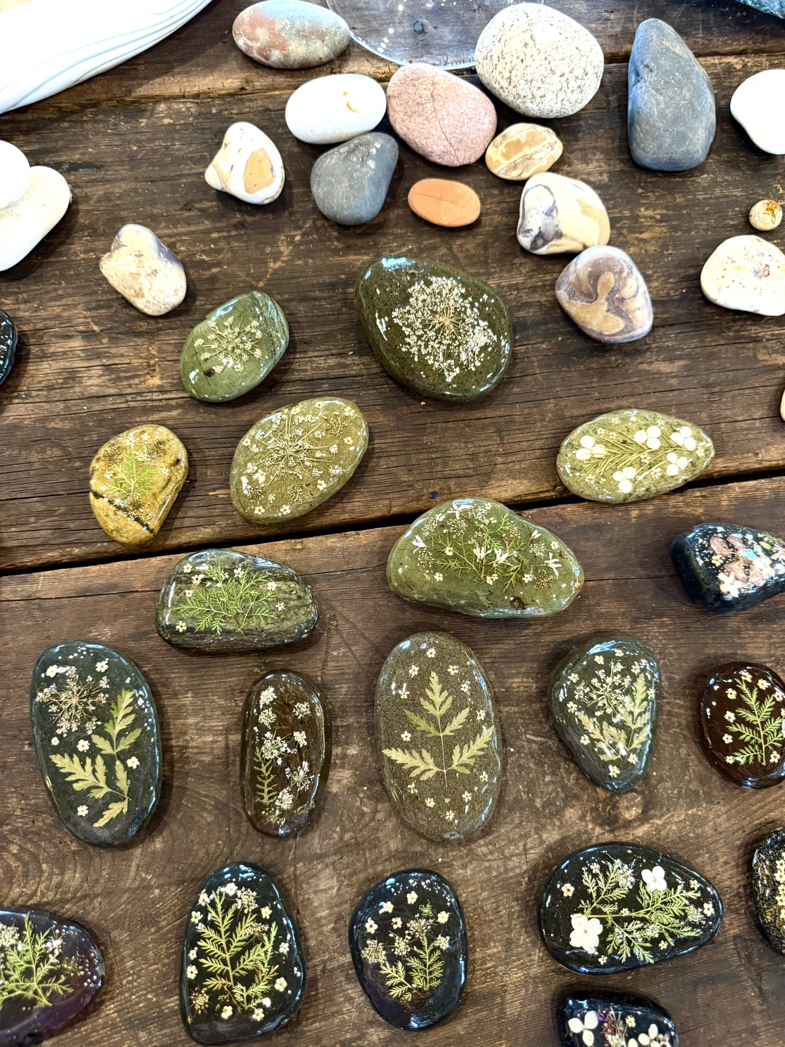 Her natural stones in the upper half of the frame — smooth river stones in pink, grey, orange, and ivory — and below them, the botanical pieces: dark lacquered stones with pressed ferns and Queen Anne's lace embedded in resin