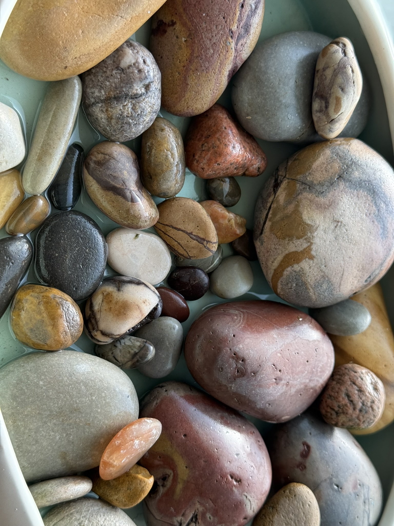 Mom's stones wet in a tray — the full range of color revealed: deep rose, terracotta, iron grey, honey gold, pale blue-grey, chalk white — each one distinct