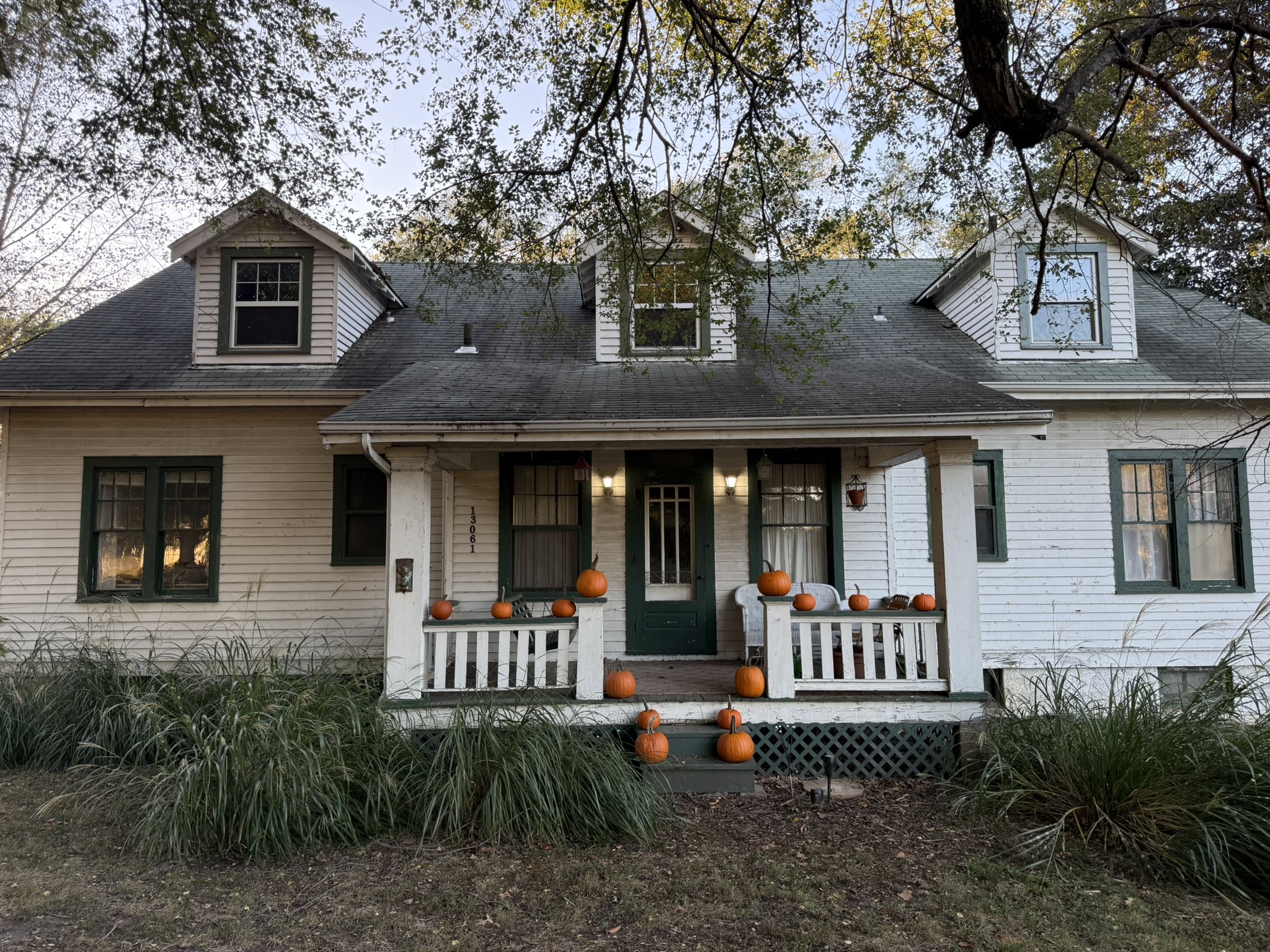 White farmhouse with green trim at dusk, pumpkins lined along the porch railing and steps in a quiet autumn ritual