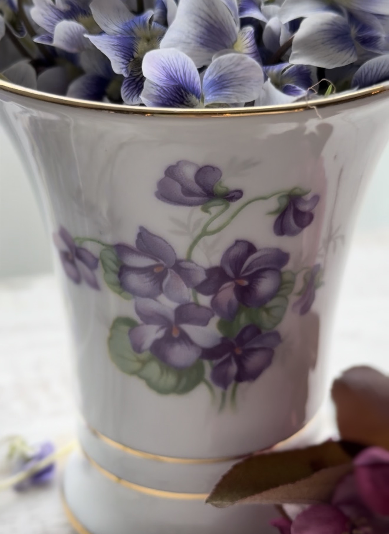 A china violet vase — white porcelain with painted violets and a gold rim — overflowing with fresh bicolor violets just picked from the garden